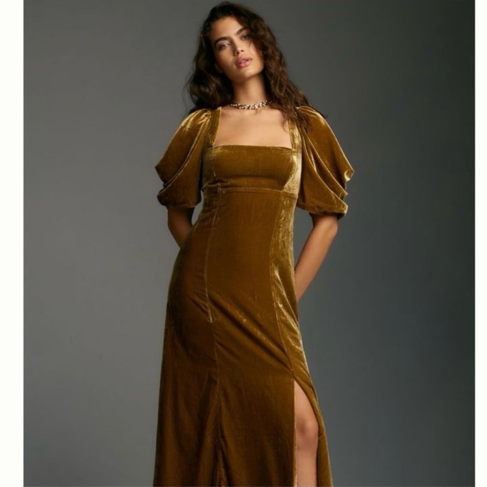 Anthropologie Velvet Square-Neck Maxi Dress in Olive